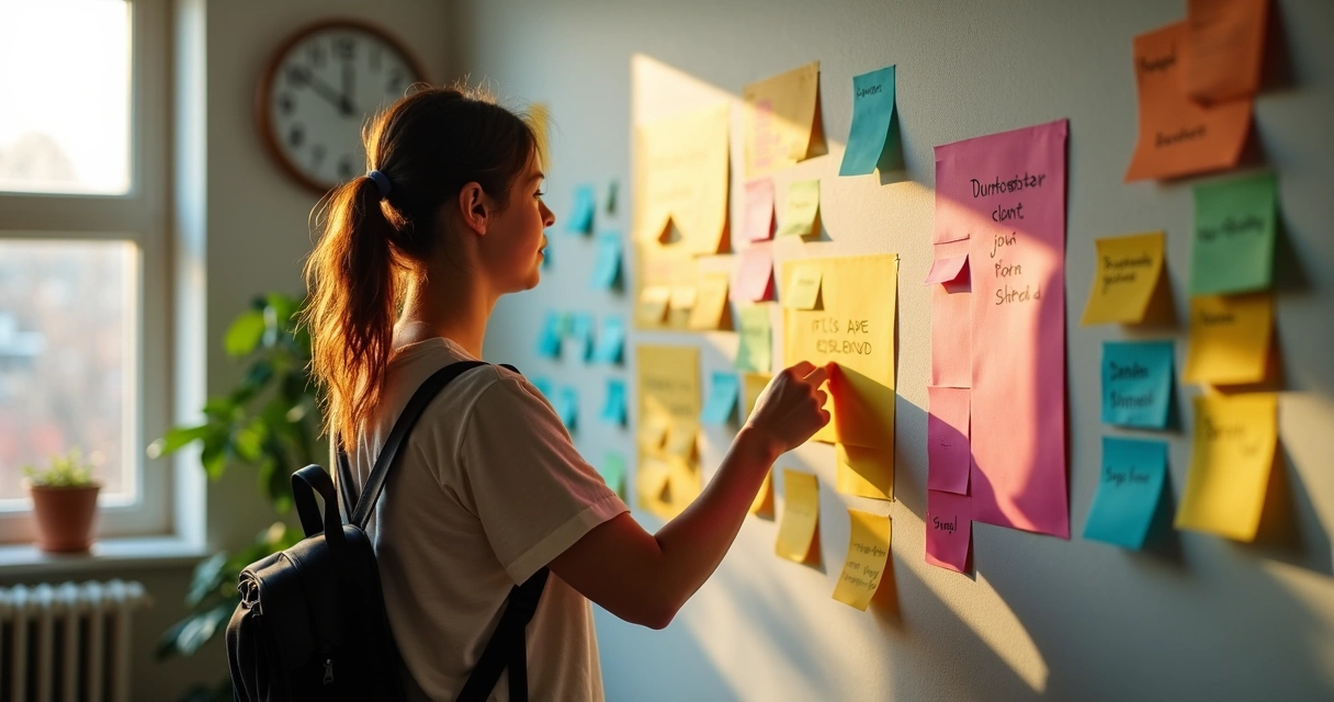 Pessoa ajustando post-its coloridos com metas em um mural de estudos.