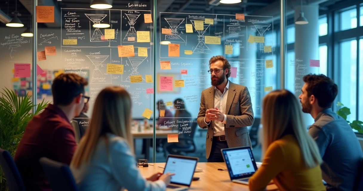 Equipe de marketing ajustando metas diante de indicadores e funil 