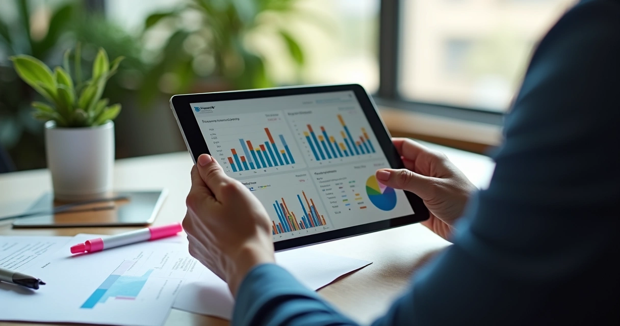Profissional analisando relatórios de métricas digitais e fazendo anotações 