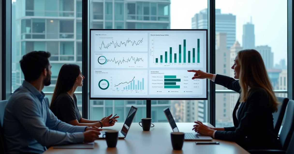 Reunião ajustando métricas com dados em painel digital 