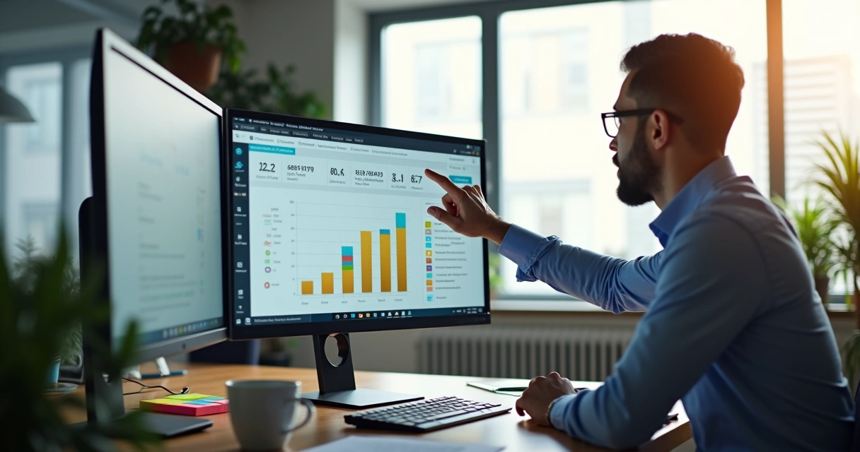 Profissional ajustando dashboard de pontuação de leads no computador 