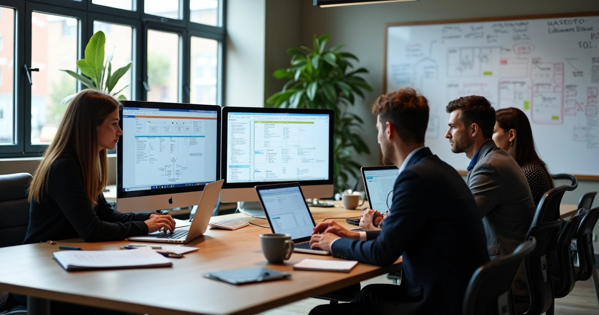 Equipe focada em computadores ajustando o escopo do projeto 