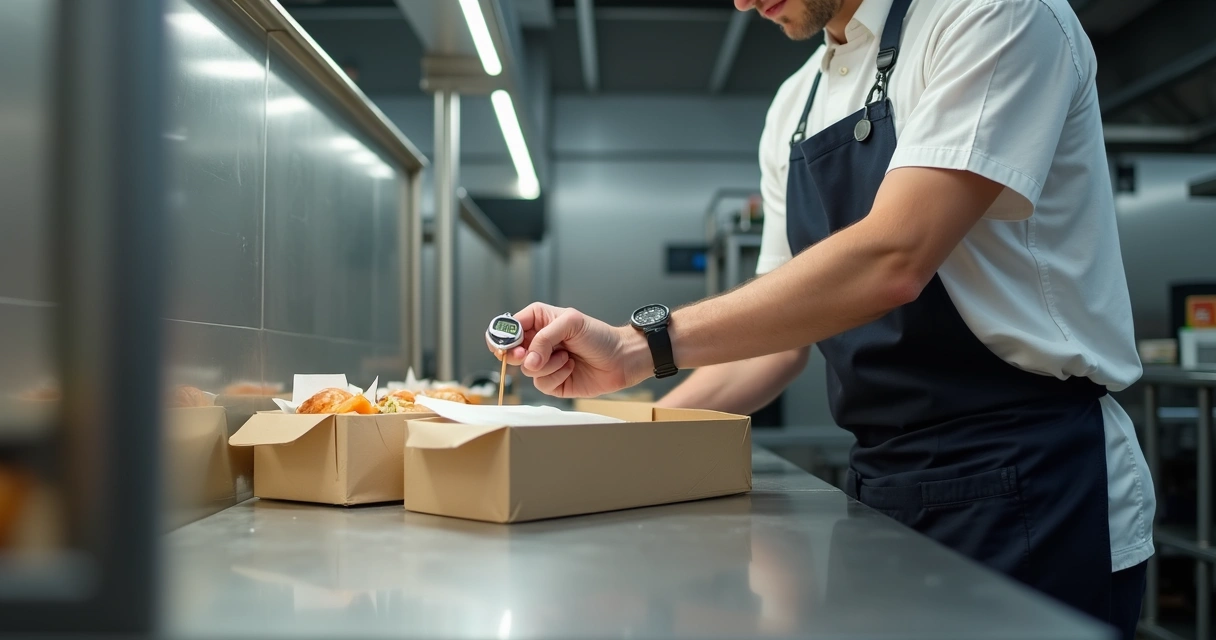 Funcionário de restaurante embalando pedidos com cronômetro na mão
