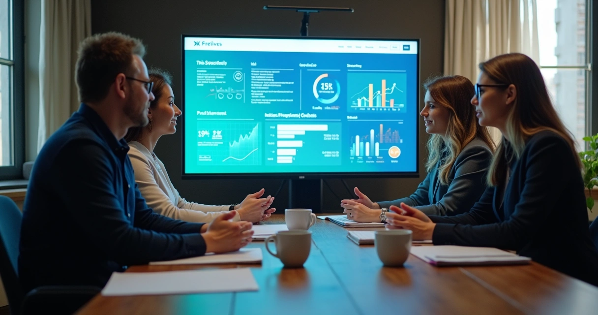 Equipe ajustando landing page em monitor com gráficos de resultados 