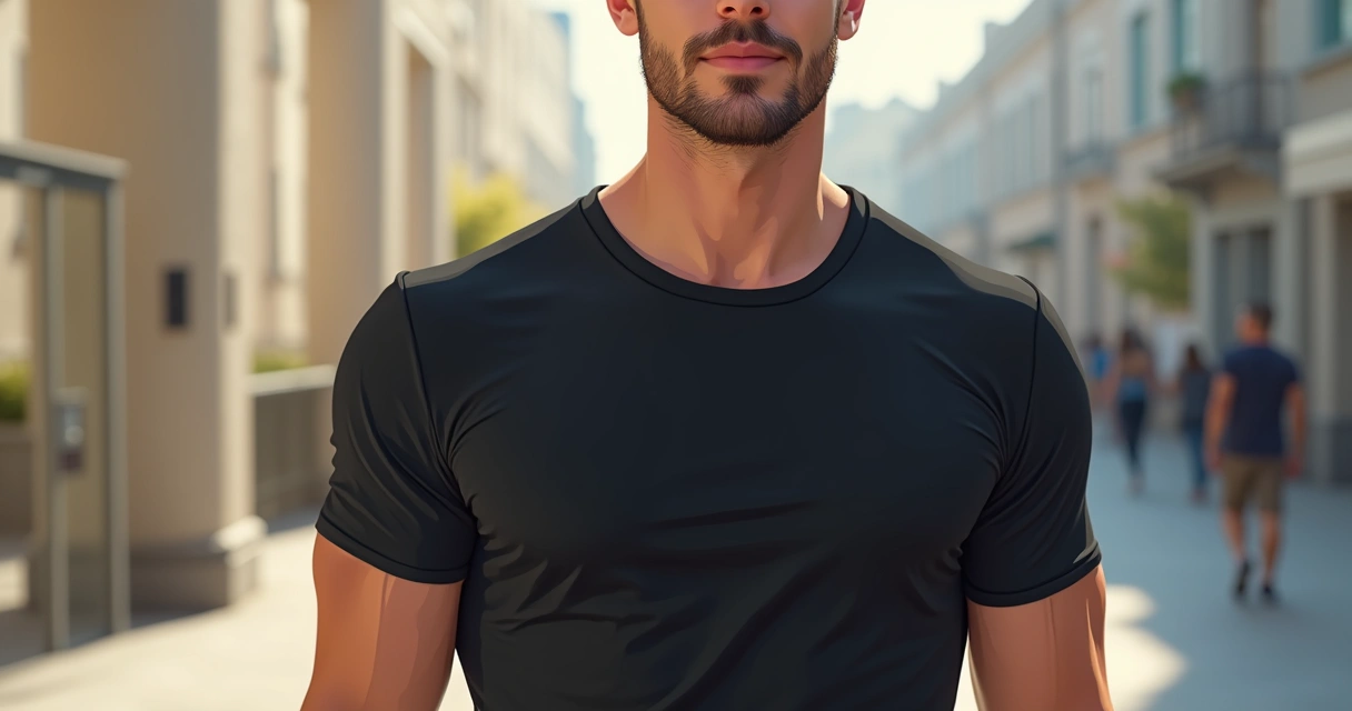 Homem usando camiseta preta slim com ajuste perfeito no corpo, em ambiente urbano