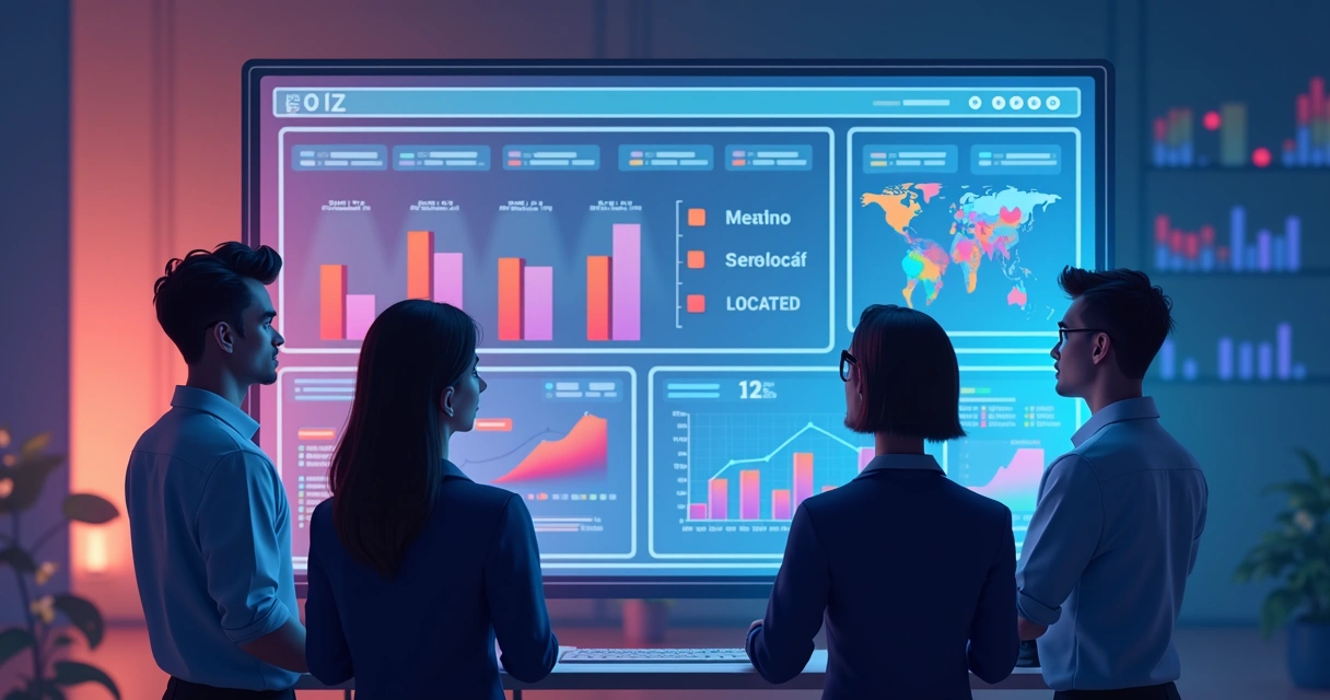 Gráfico com análise de empresas baseada em tamanho, setor e localização, exibido em dashboards coloridos 
