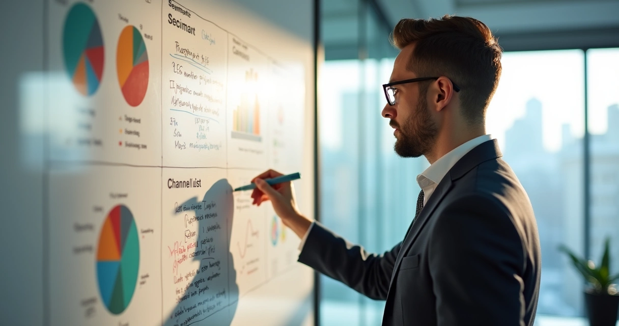 Contador ajustando quadro branco com critérios de ICP e gráficos 