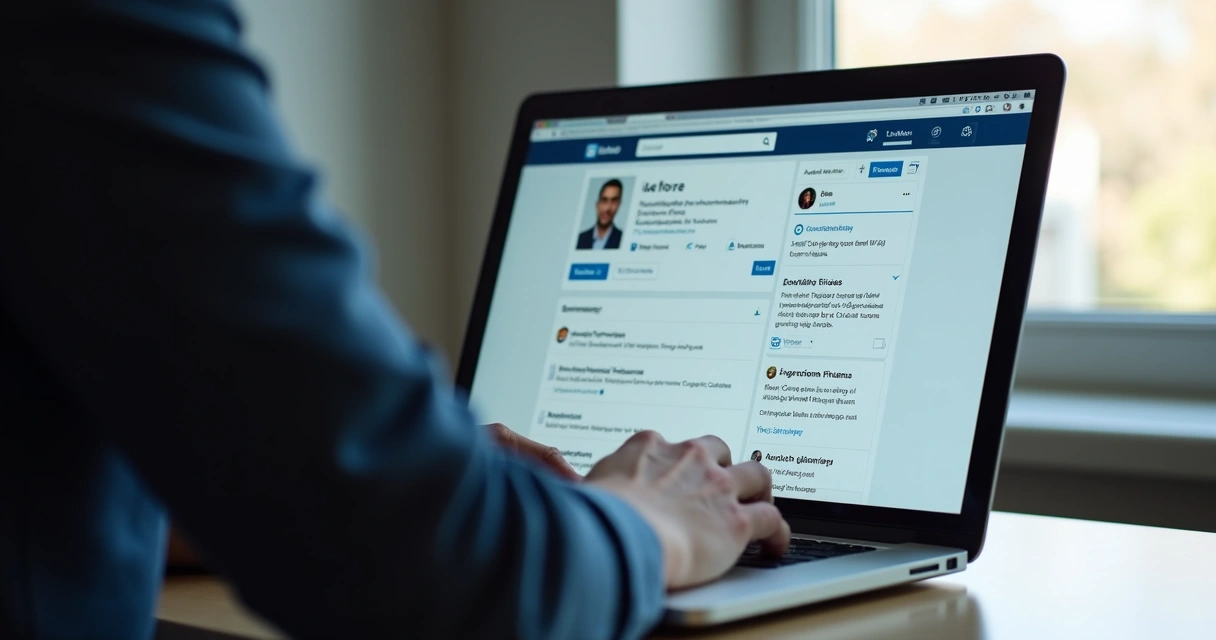 Founder B2B ajustando perfil do LinkedIn na tela do notebook 