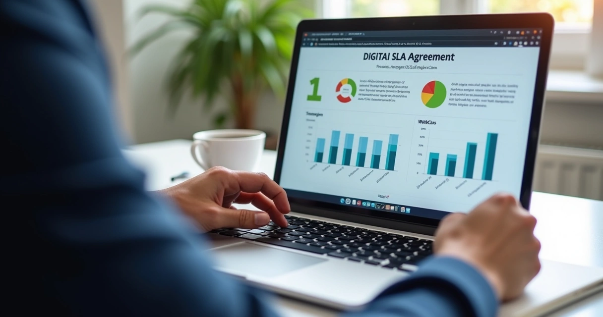 Profissional revendo documento digital de SLA 