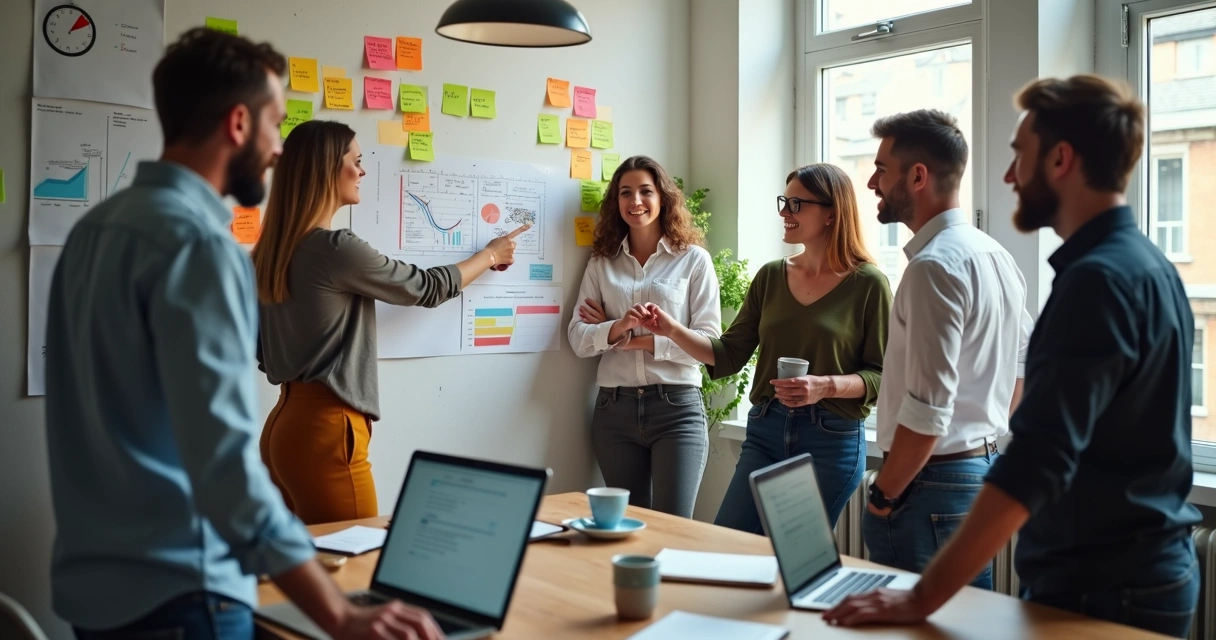 Equipe de agência digital reunida ajustando o planejamento comercial em mural com post-its coloridos e gráficos 