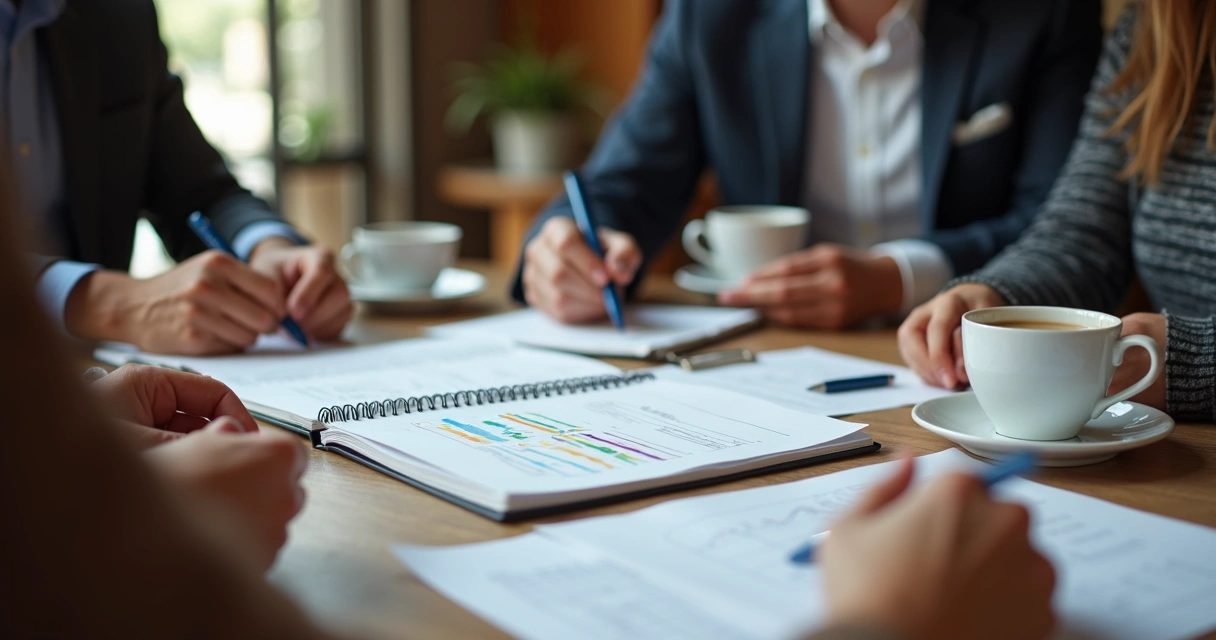 Time ajustando plano de negócios em reunião de café 