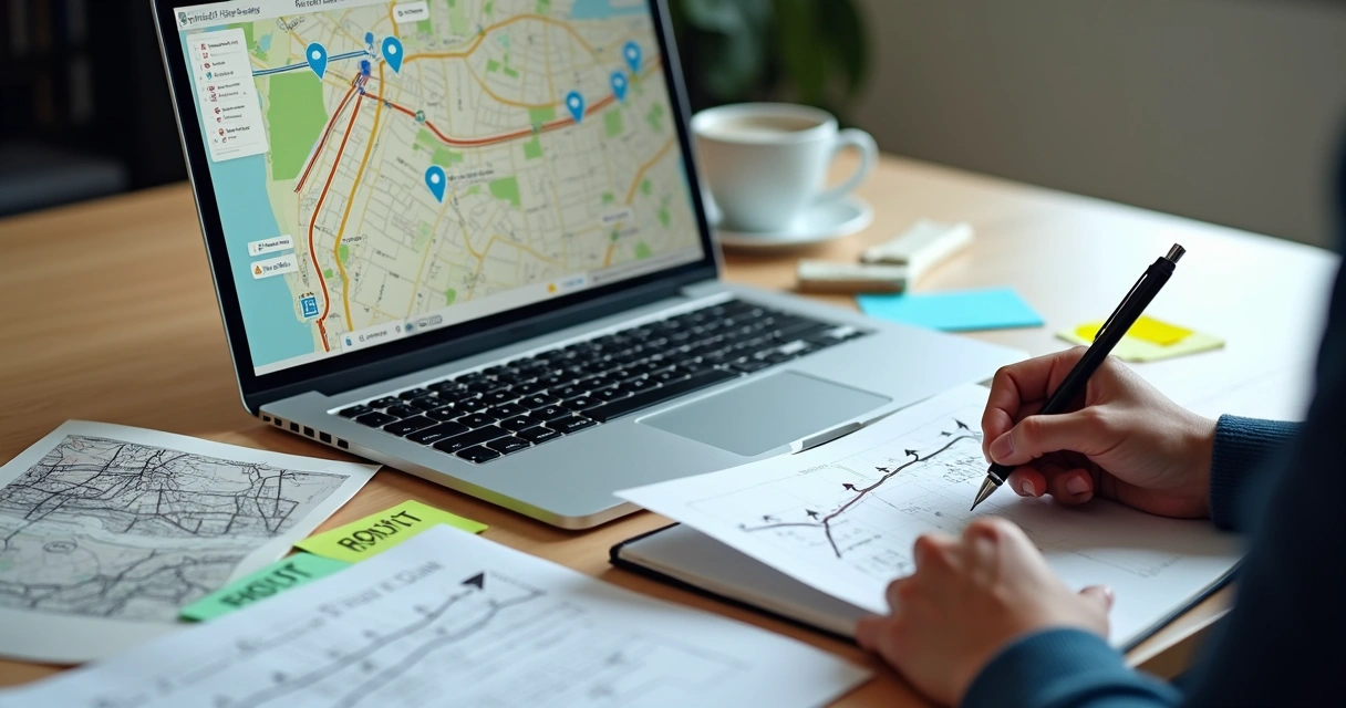 Ajuste de plano de rota com mapa e computador em ambiente de trabalho 