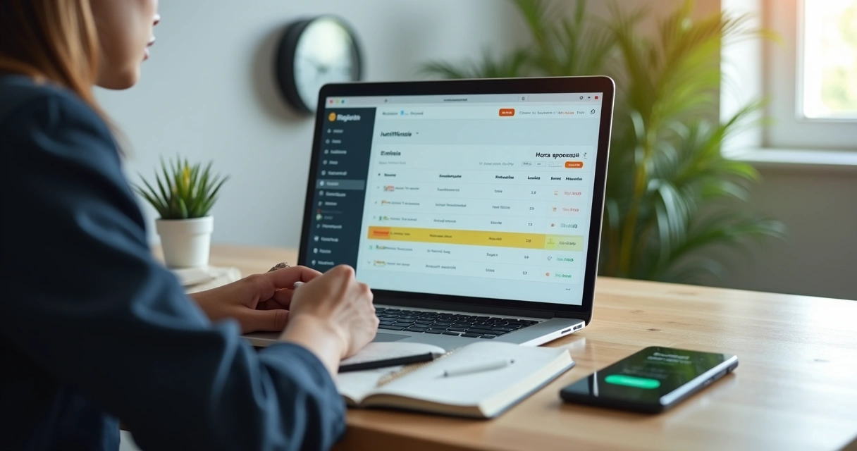 Profissional PJ ajustando registro de ponto digital no notebook 