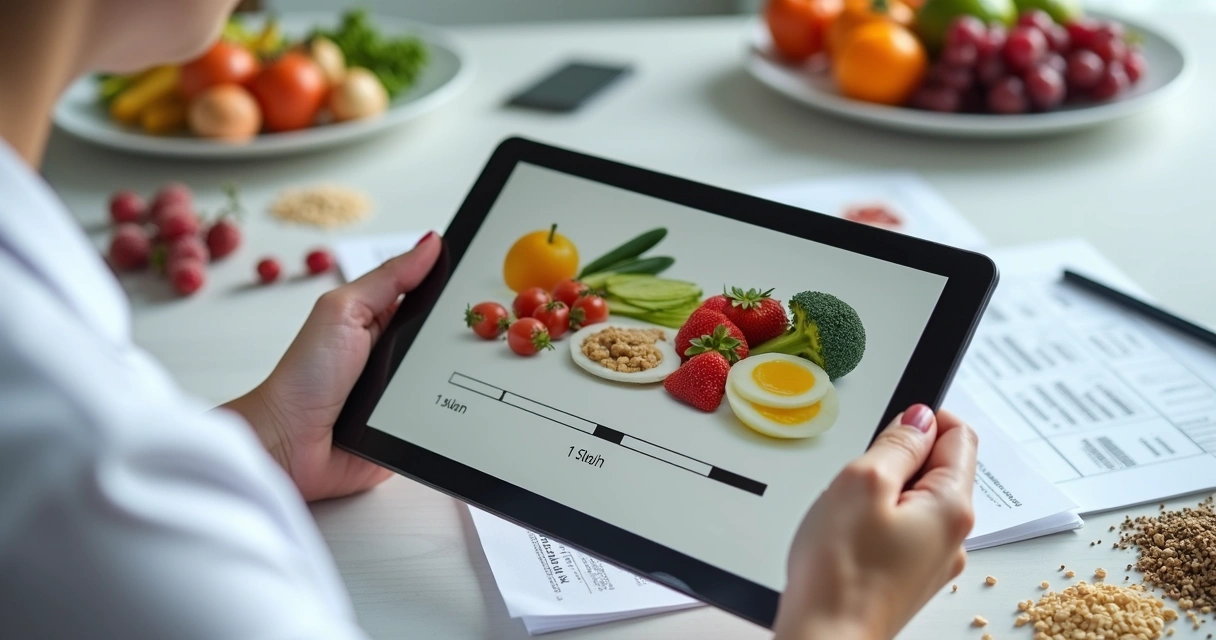 Nutricionista ajustando porções de alimentos em plano alimentar digital 
