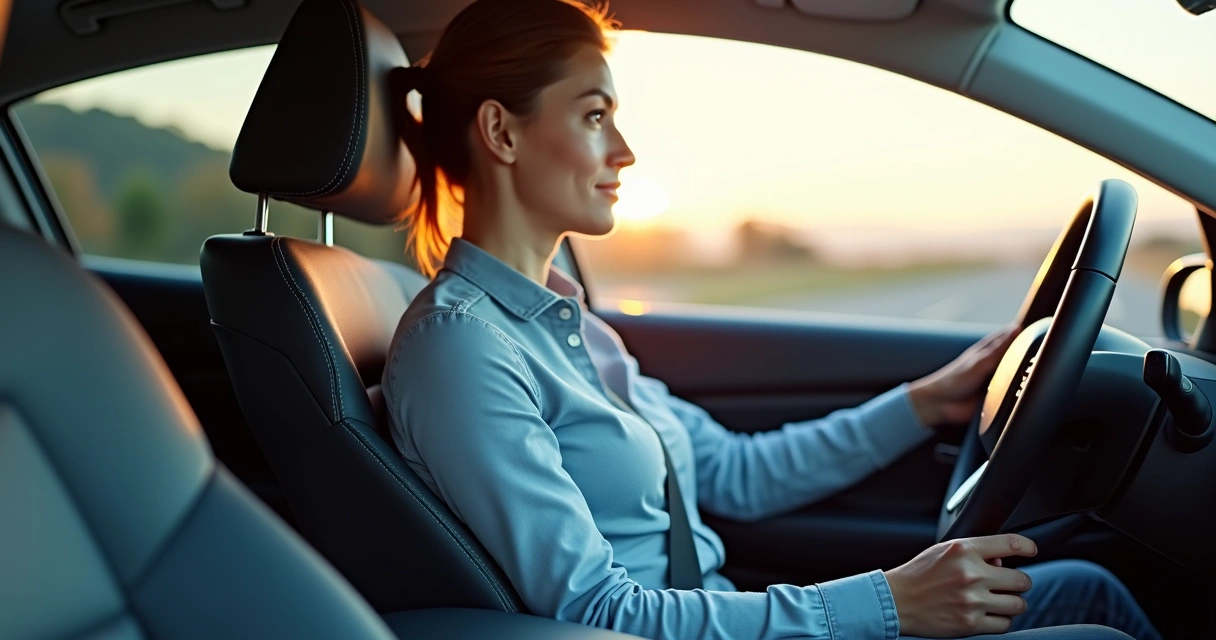 Pessoa ajustando postura e cinto de segurança antes de dirigir, com mãos organizadas no volante 