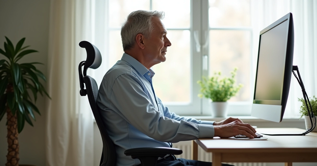 Pessoa ajustando postura em frente ao computador 