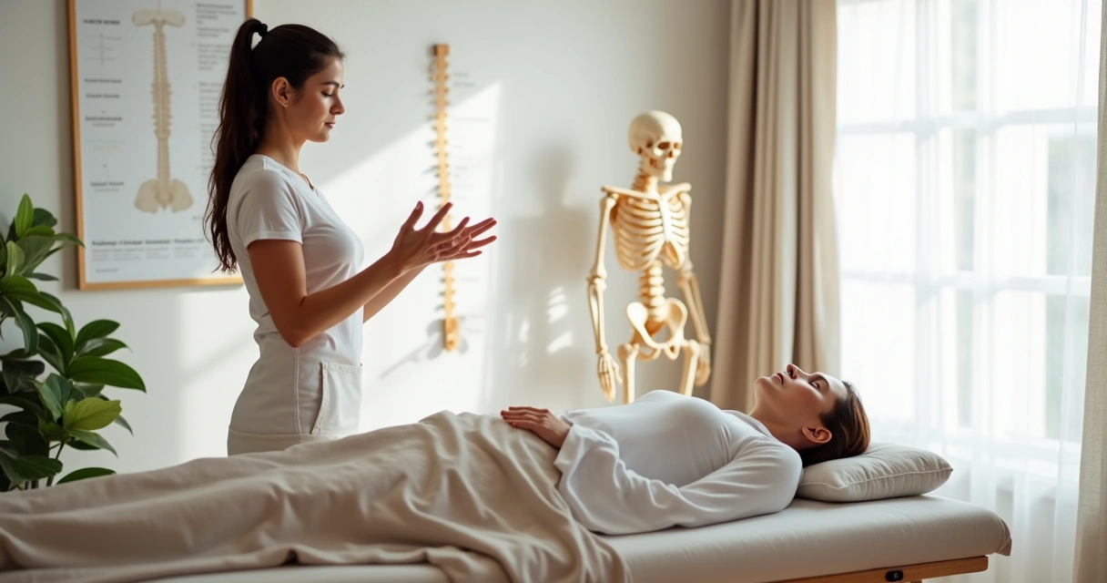 Profissional orientando paciente em alinhamento postural em maca de tratamento 