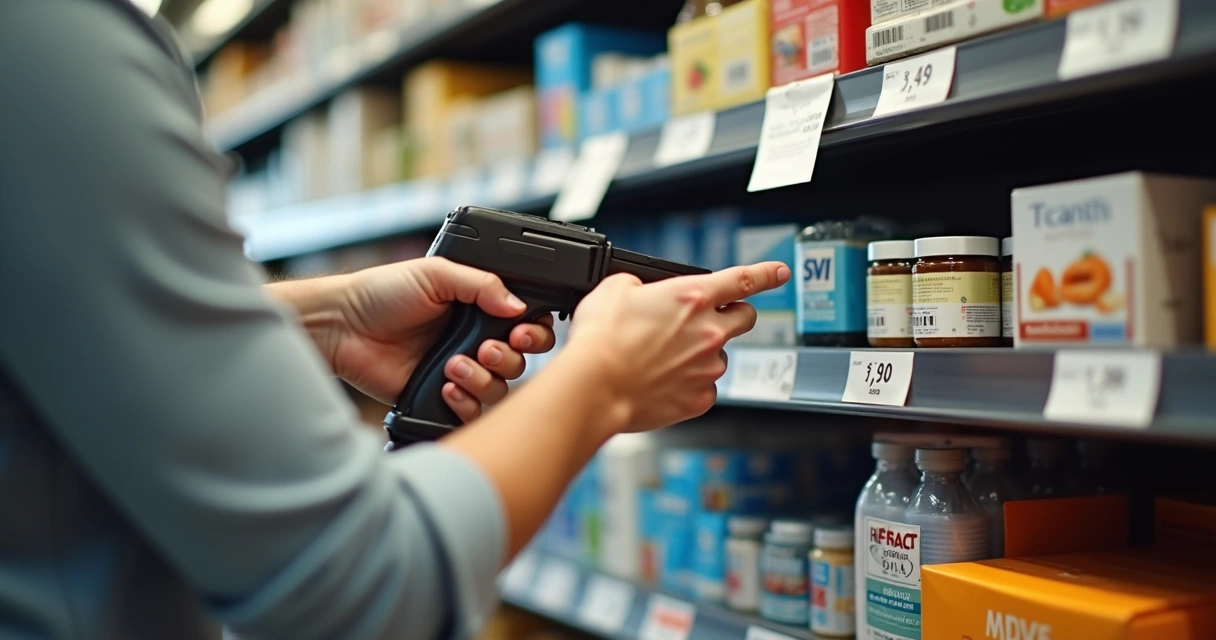 Pessoa ajustando etiquetas de preços em produtos em prateleira de loja 