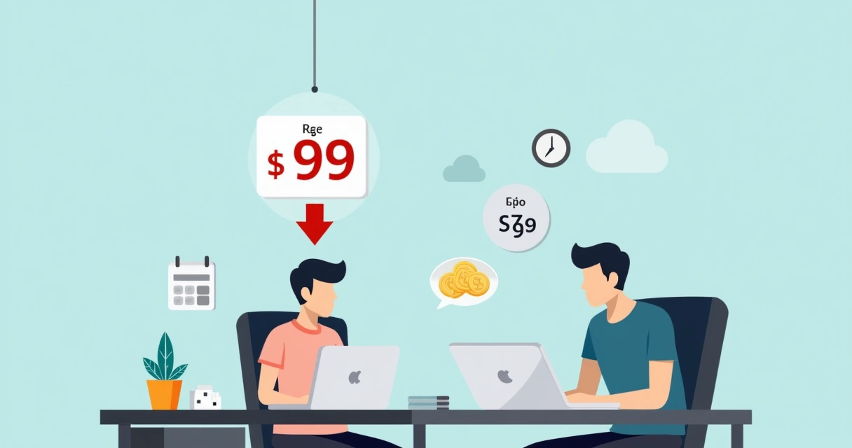 Representação de vendedor analisando impacto ao reduzir produto de R$ 89,99 para R$ 79,99 