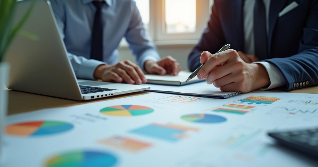 Dois gestores analisando planilha financeira e gráficos coloridos em notebook