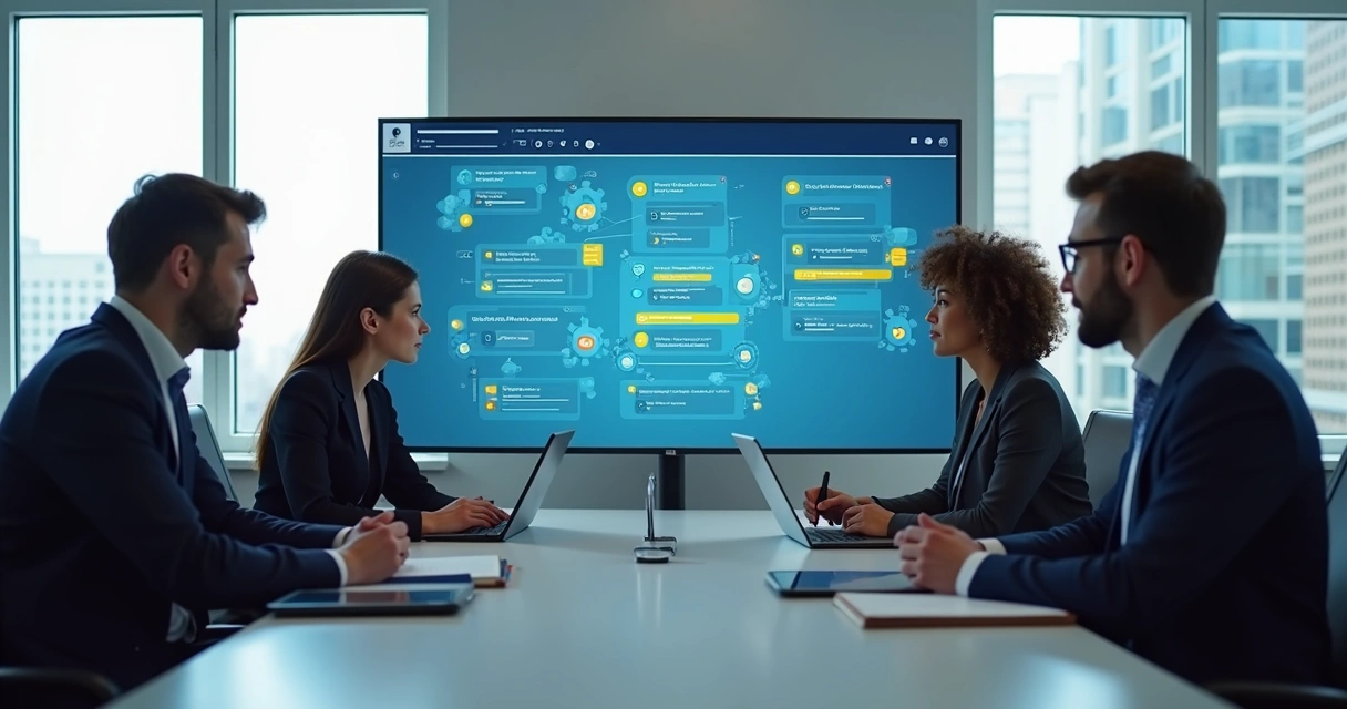 Equipe ajustando fluxos de negócio em quadro digital com IA 