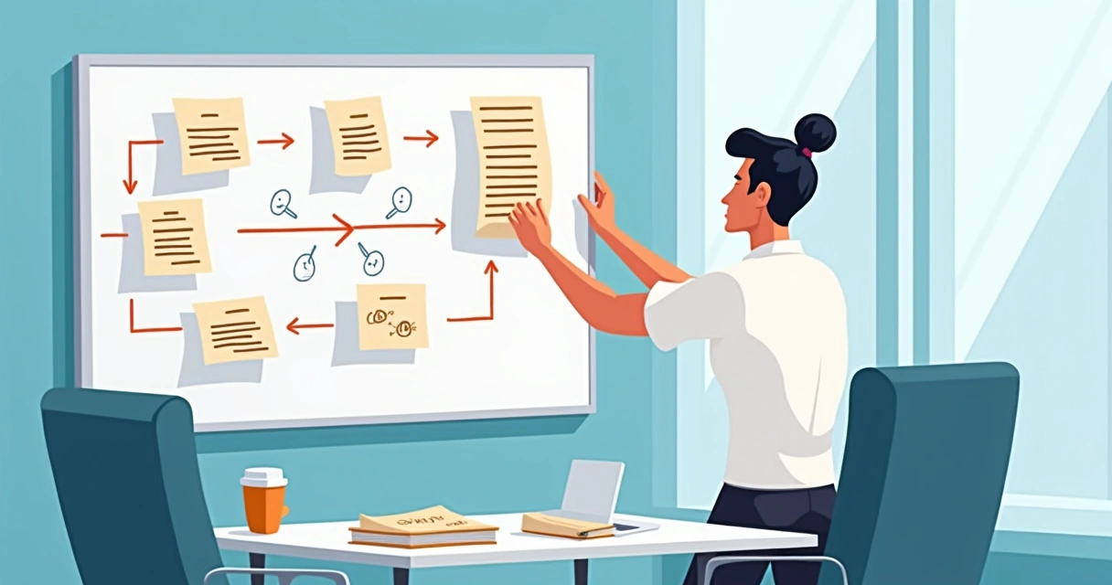 Gestor ajustando quadro de fluxograma de processo seletivo 