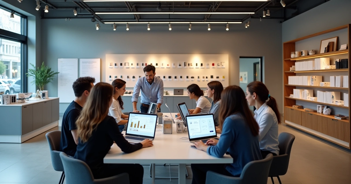 Equipe de uma loja de celulares analisando processos fiscais em computadores