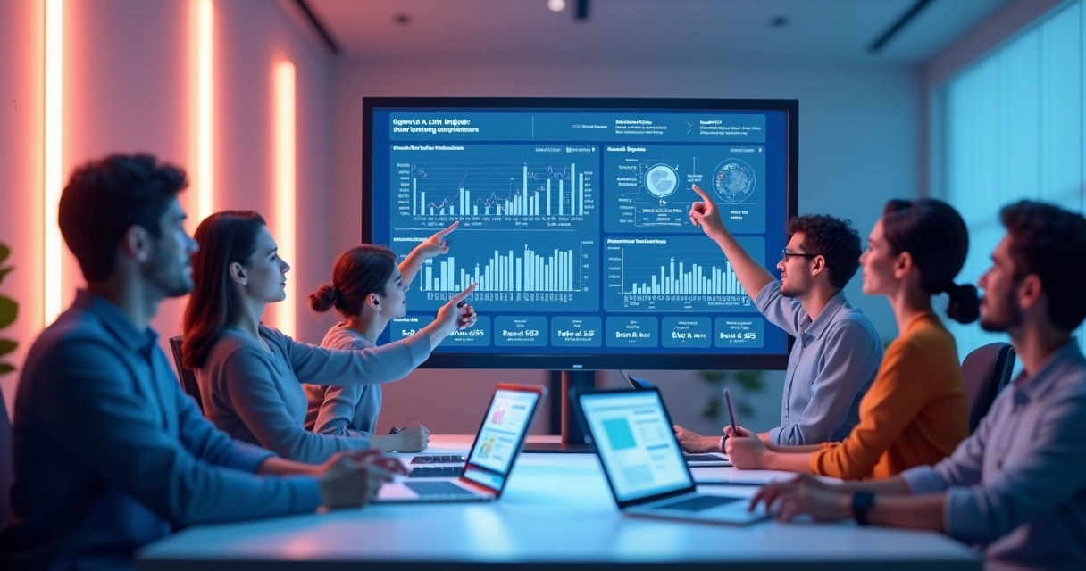 Equipe analisa painel de métrica em tempo real e ajusta rota do projeto