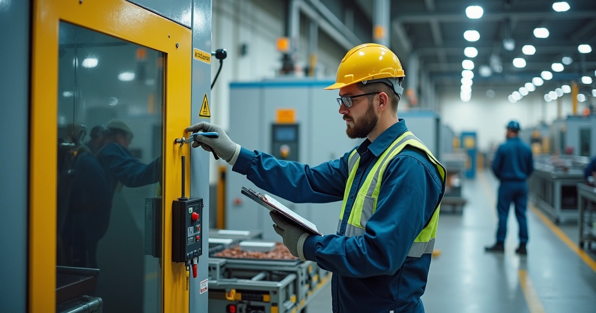 Técnico ajustando proteção de máquina industrial em operação 