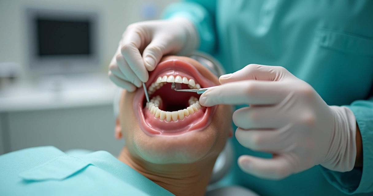 Dentista realiza ajuste com instrumento em prótese flexível em boca de paciente 