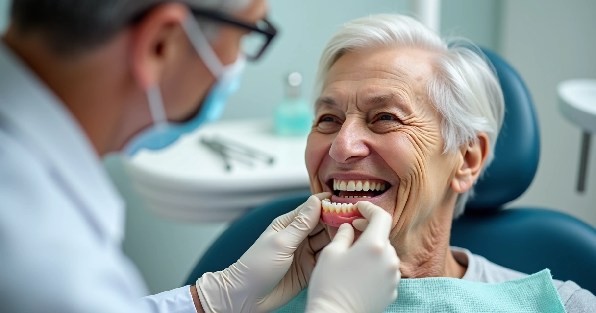 Dentista ajustando prótese total em paciente com rebordo gengival fino.
