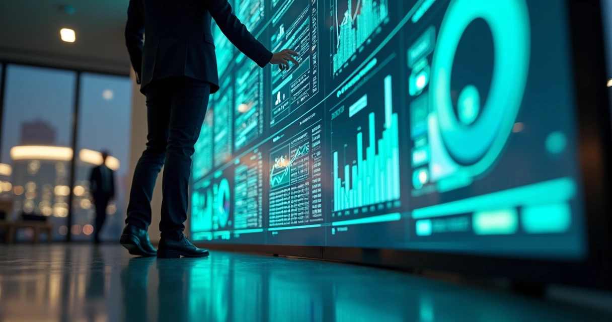 Executivo ajustando metas financeiras em painel digital ultramoderno 