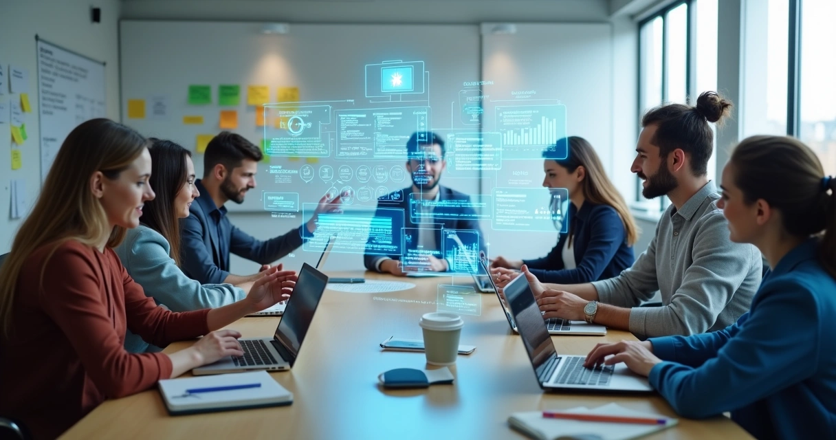 Equipe de projeto em reunião com gráficos e recursos digitais ao redor 