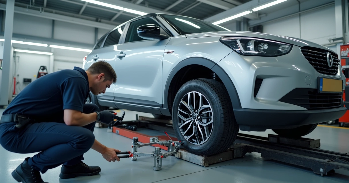 Técnico ajustando ângulo da roda de carro em oficina de alinhamento