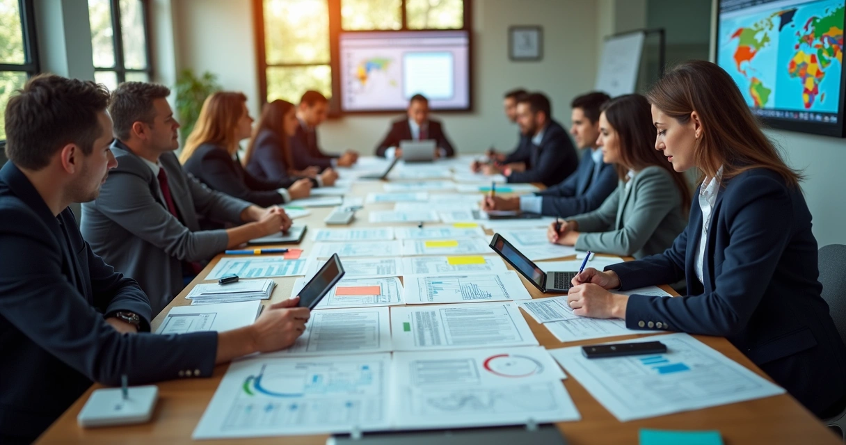 Rotinas contábeis sendo ajustadas com planilhas e computadores sobre uma mesa. 