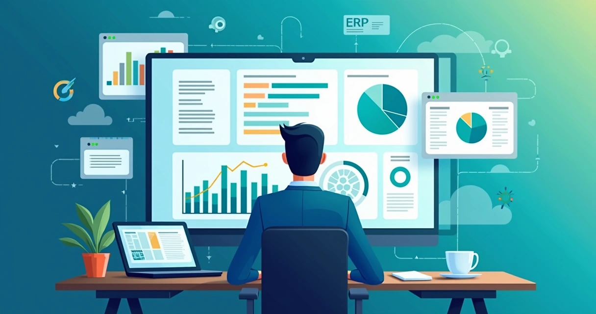 Profissional ajustando filtros em dashboard de segmentação com dados do ERP ao lado. 