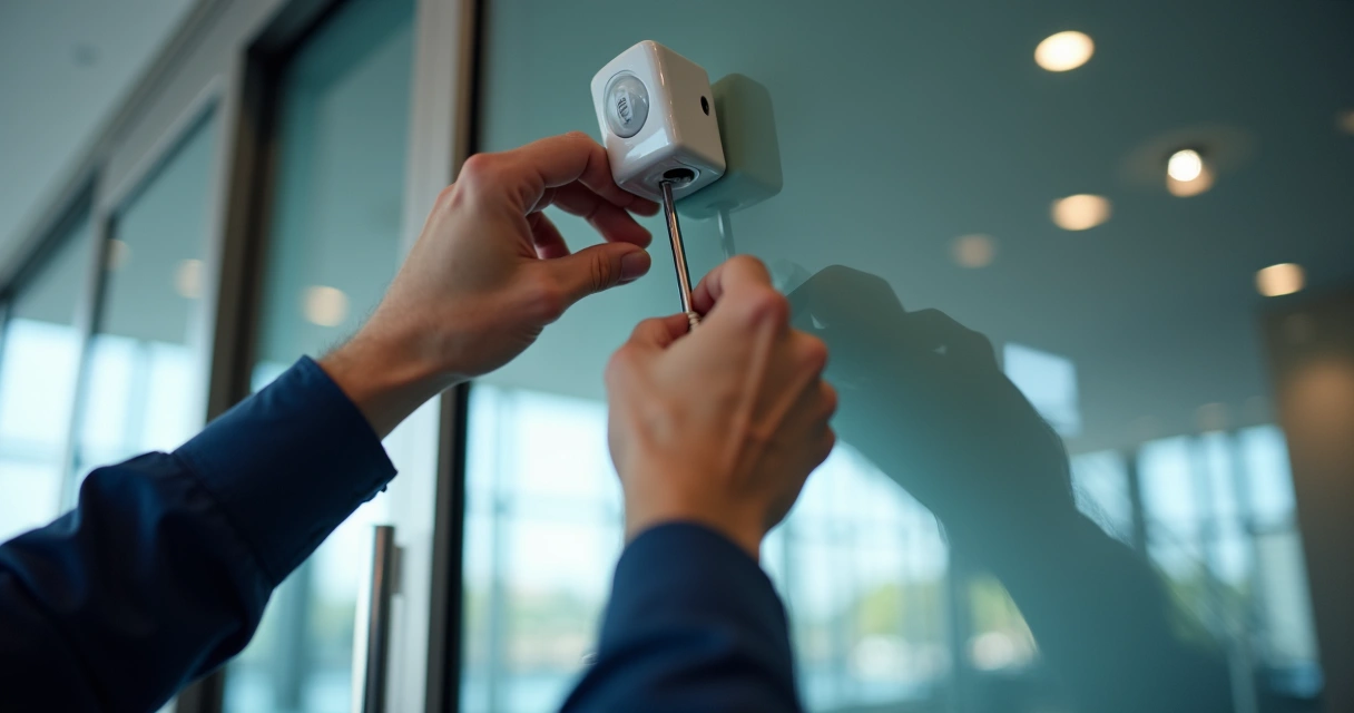 Técnico ajustando sensor de movimento em porta automática de vidro 