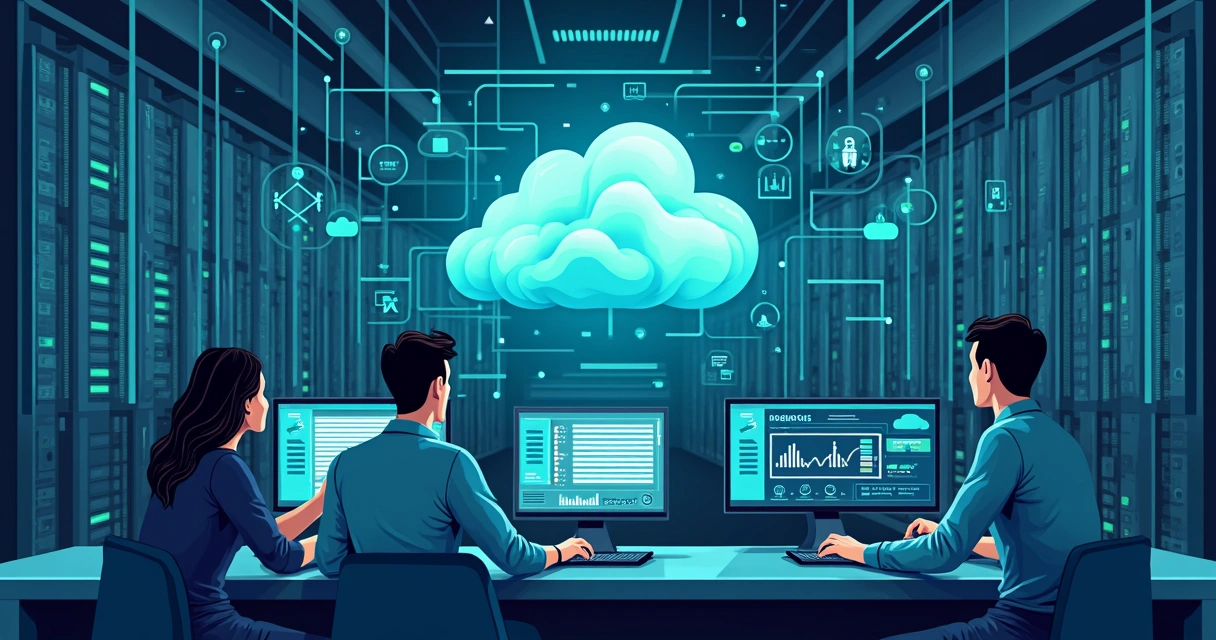 Equipe ajustando servidores virtuais 