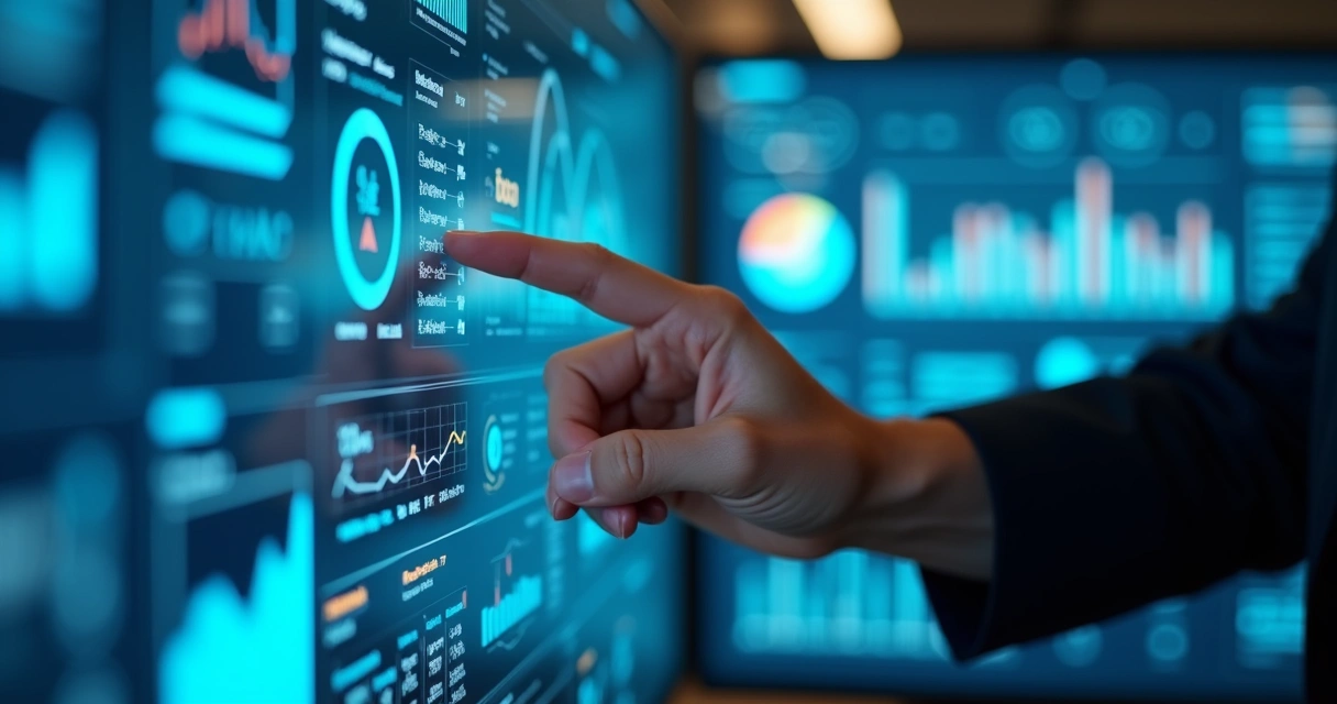 Profissional ajustando painel digital com gráficos e dados de automação 