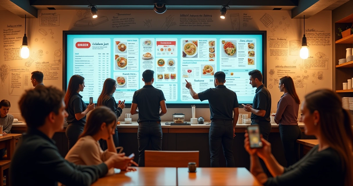 Equipe ajustando painel digital em restaurante 