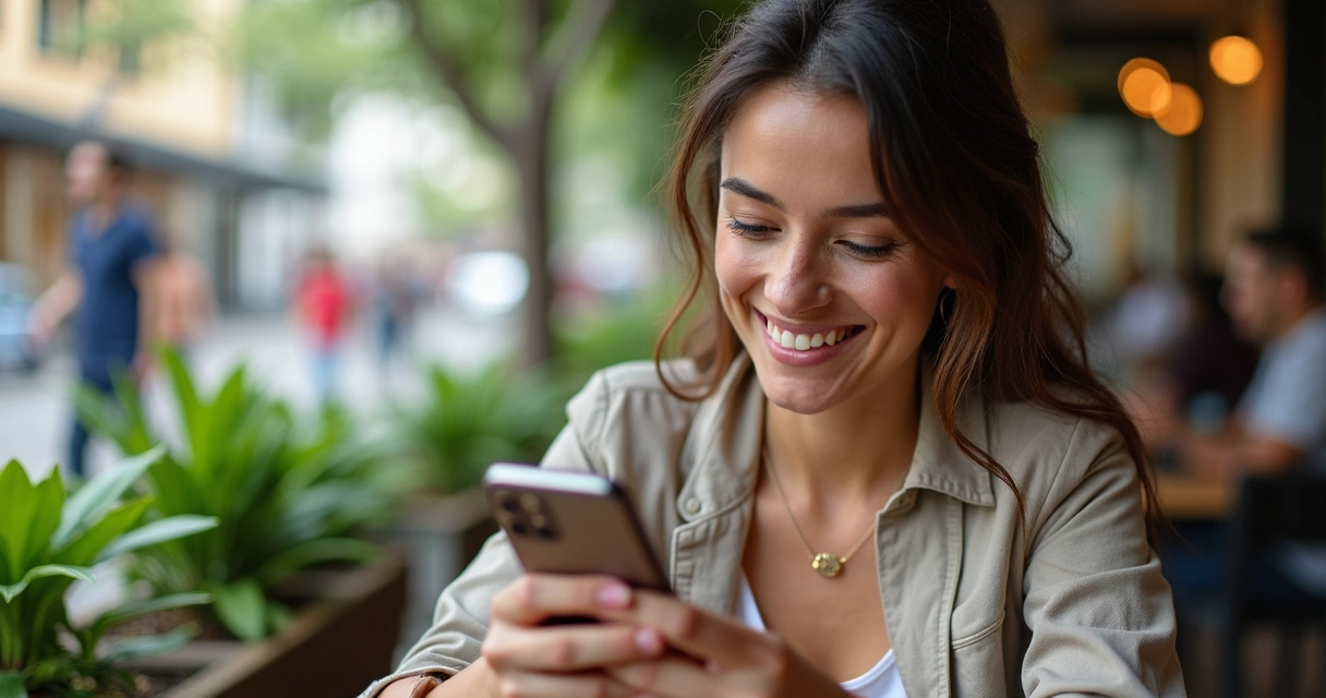 Profissional lendo adaptação de conteúdo no celular com sorriso 