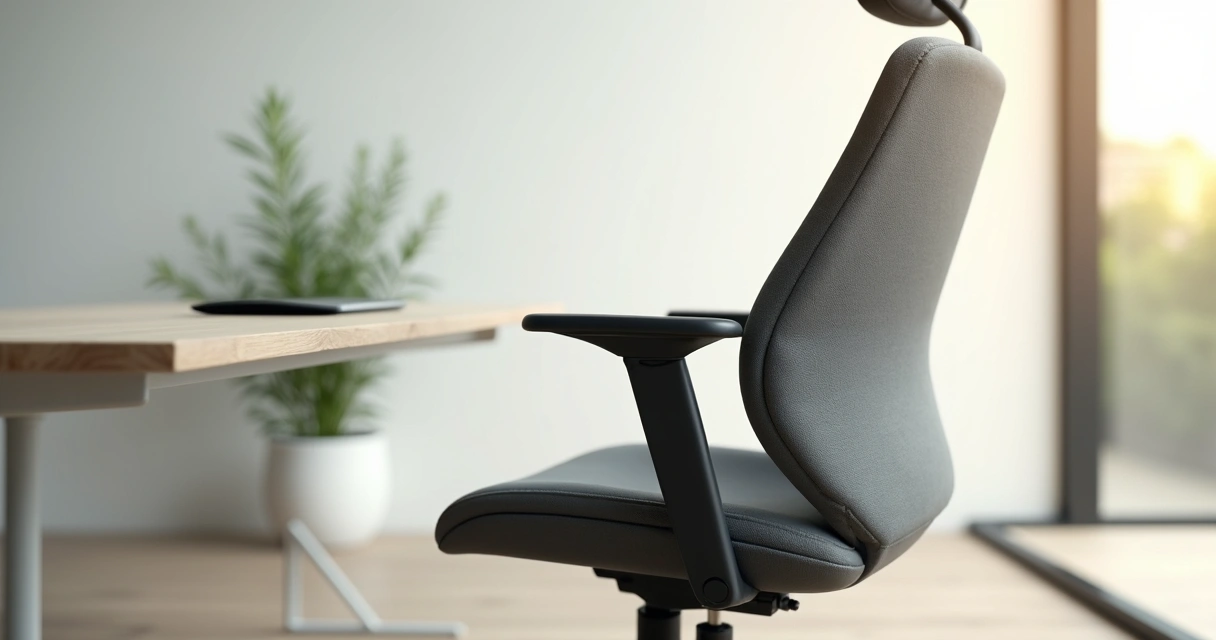 Detalhe do ajuste lombar e apoios de braço em cadeira para escritório 