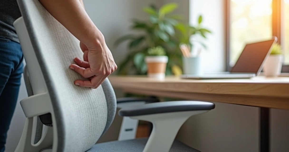 Pessoa ajustando cadeira ergonômica em home office 