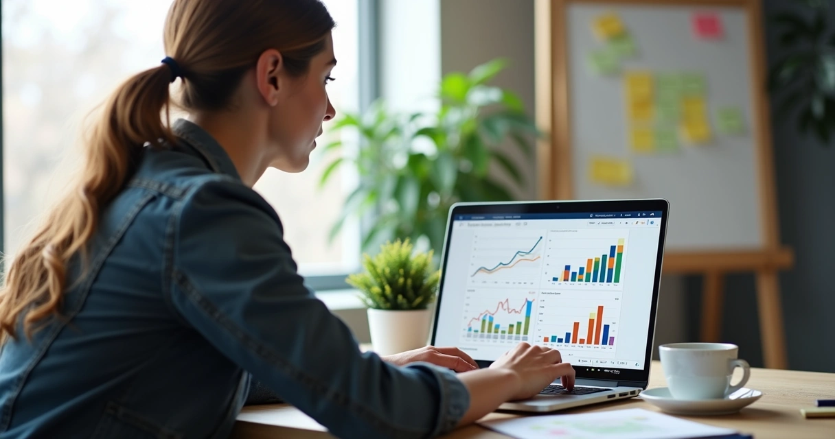 Profissional ajustando gráficos em tela de análise de campanha digital 