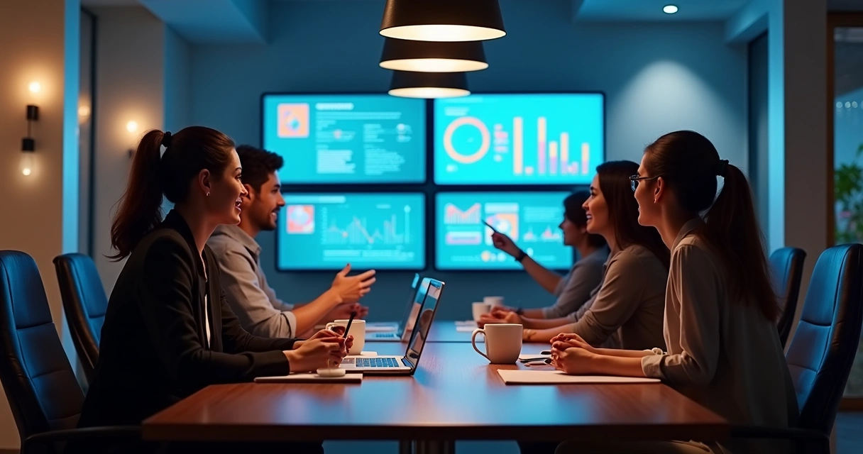 Equipe analisando dados de campanhas de marketing digital em monitores 