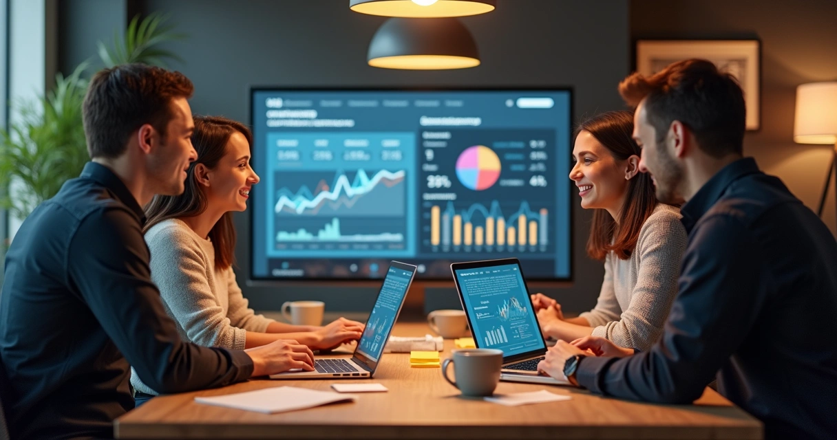 Equipe de marketing reunida, analisando resultados de campanhas digitais em notebooks 