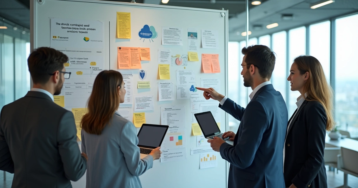 Equipe revisando e ajustando campanha publicitária em quadro branco 