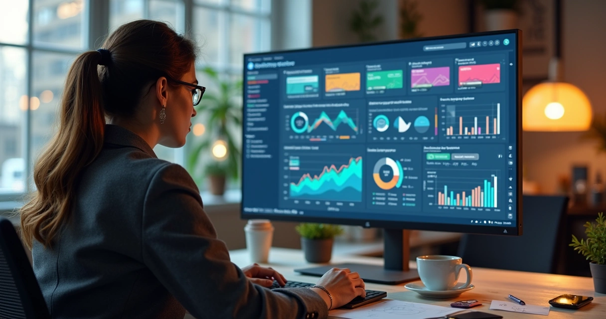 Profissional ajustando gráficos em computador com dashboards