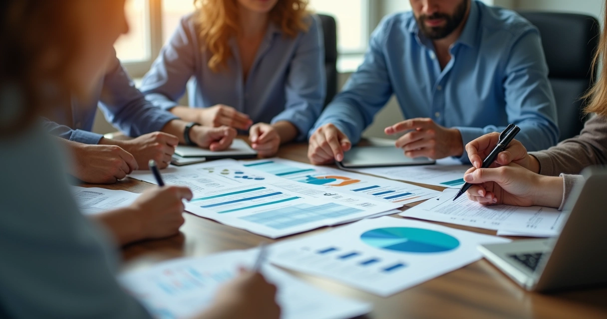 Equipe revisando conteúdos de EAD com base em KPIs 