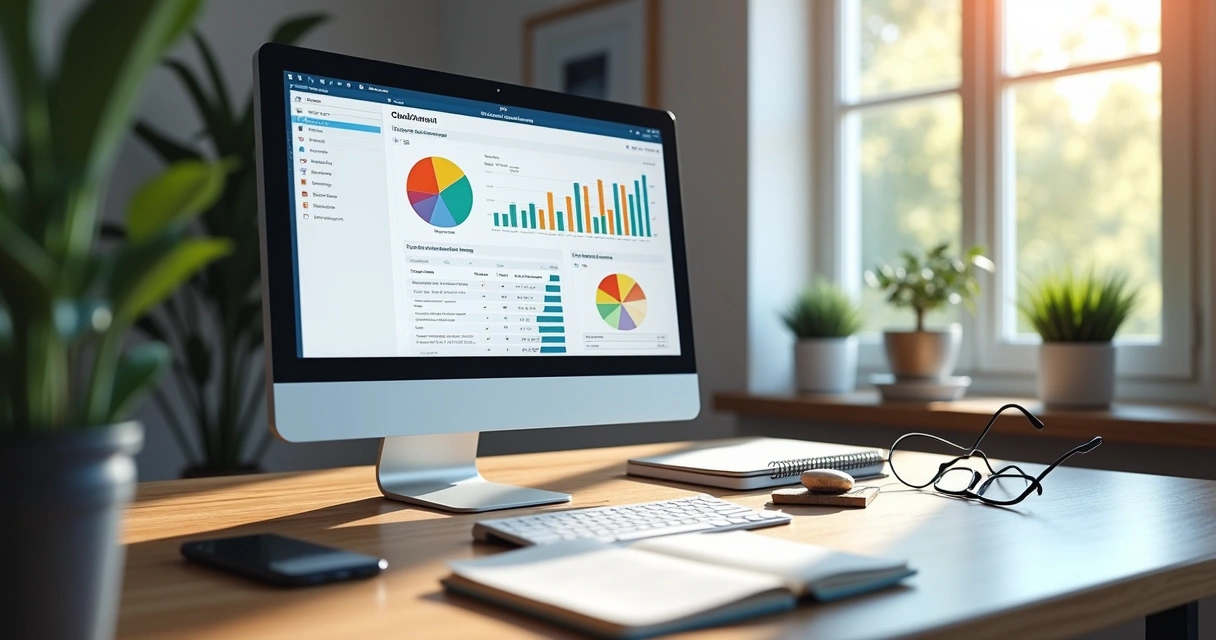 Computador com tela exibindo dashboard detalhado de CRM, gráficos coloridos e contatos organizados, ambiente de escritório moderno com luz natural 